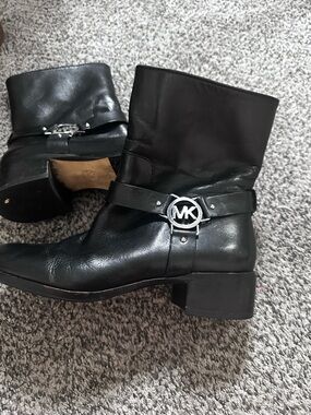 Michael Kors Black Leather Ankle Booties with MK Emblem Strap